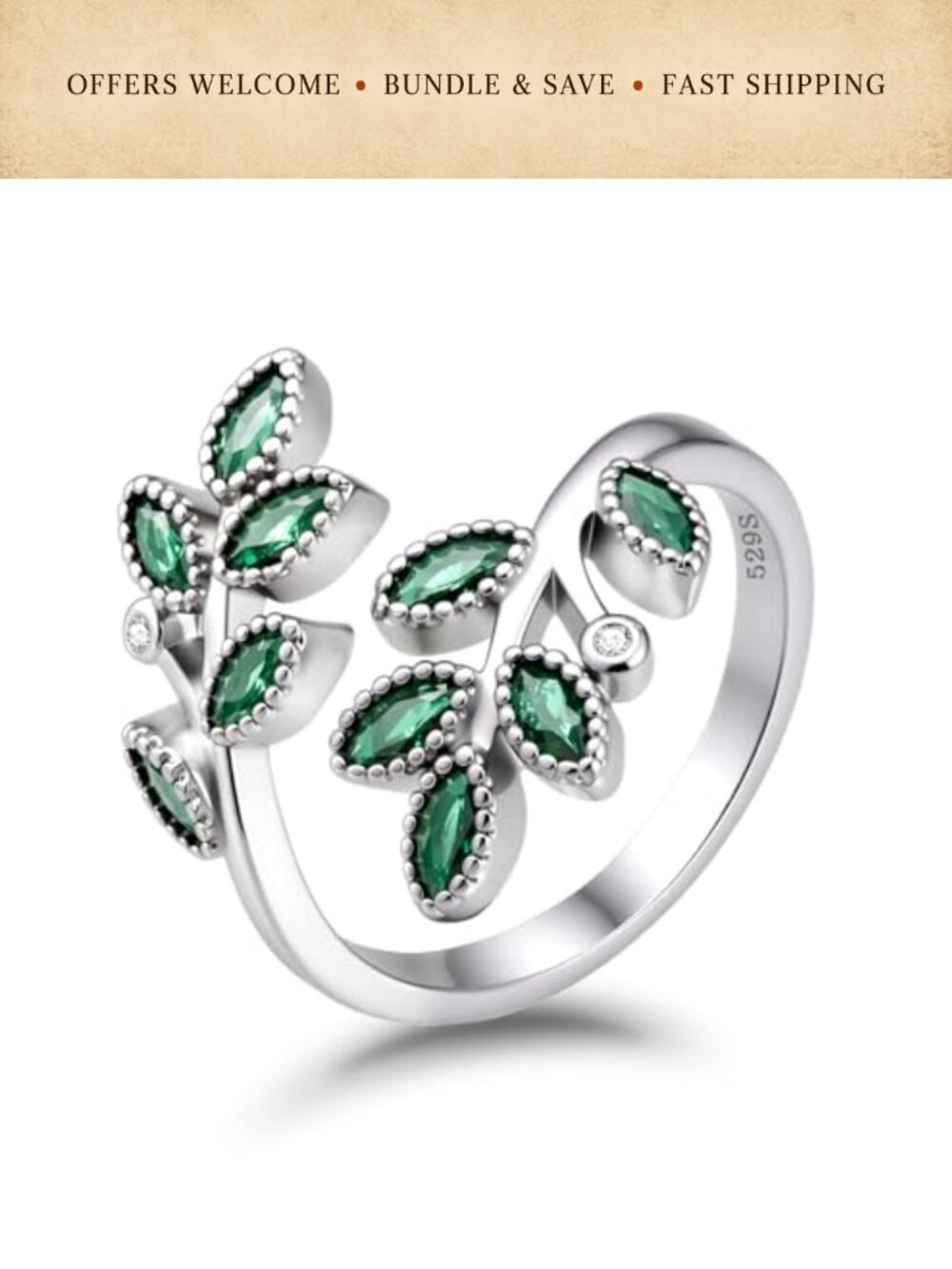 925 Silver Plated Leaf Open Ring Adjustable Marquise Cut Statement Jewelry
